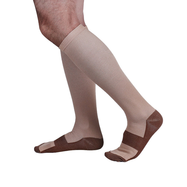 Side View Beige Copper Anti-Fatigue Compression Knee High Socks