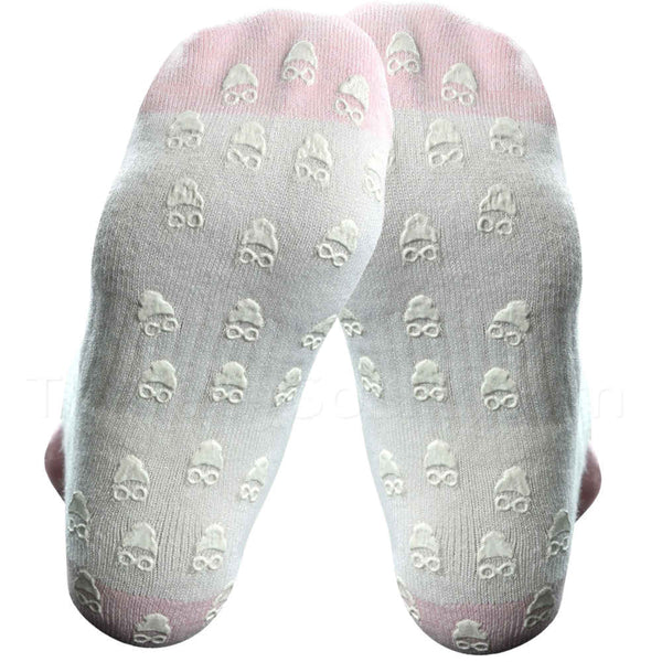 Soft Pink or White Bamboo fiber medical socks. Non-skid soles for individuals that need a little friction on smooth floors.  Low ankle design prevents sock from falling off heel.