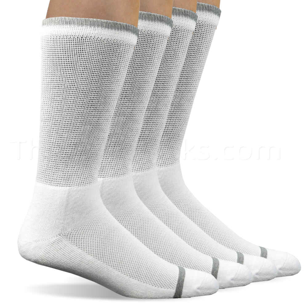 4 Pair Non-Binding White Bamboo Diabetic Crew Socks - Men
